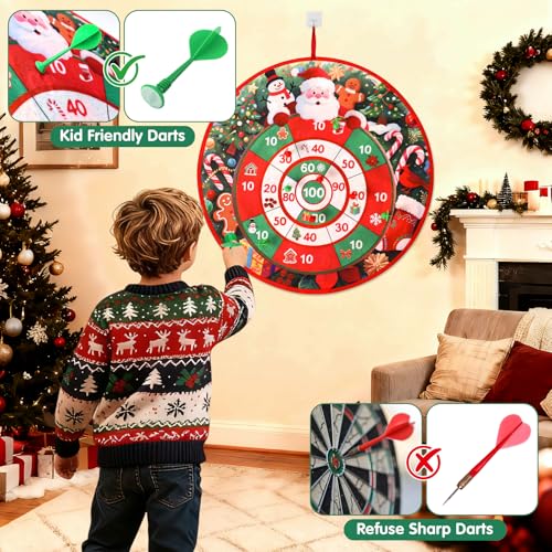 Christmas Games Santa Claus Dart Board for Family, Kids Adults with 8 Sticky Balls and 8 Darts, XMAS Activities Game,Indoor Outdoor Toys Party Favors Gifts (Double Sided Target Christmas&Thanksgiving)