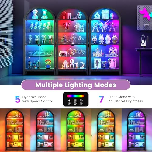 Gurexl 5-Tier Arched Glass Display Cabinet, Motion Sensor RGB LED Showcase with Music Sync Light & Adjustable Shelves, Tempered Glass Curio Cabinet for Action Figures Trophies Collectibles, Black - color: Black-80008a