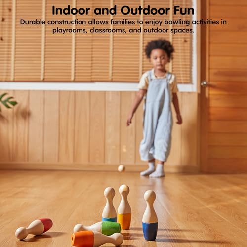 PlanToys® Bowling Set Wooden Montessori Gross Motor and Coordination Toy | Movement, Concentration and Early Math Learning Activity | Eco Friendly Indoor and Outdoor Bowling Game