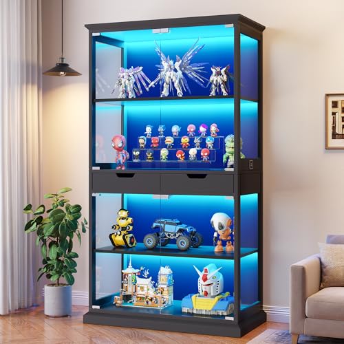 Jocoevol Display Cabinet with Glass Doors, 4-Tier Curio Cabinet with with 2 Drawers for Collectibles, Modern Glass Display Case Human Body Sensor & RGB Lights for Living/Game Room - color: Black