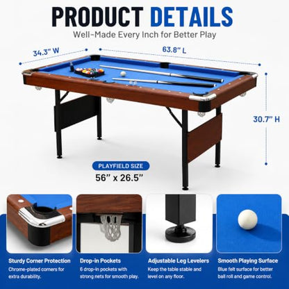 5.3 FT Pool Table Portable Foldable Billiards Table for Kids & Adults with with Balls, Cues, Chalk, Rack & Brush, Compact Space-Saving Game Table for Family Game Room & Office - color: Brown+Blue