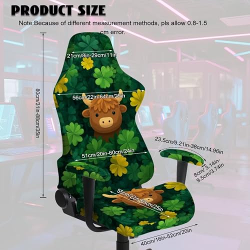 Suobstales Highland Cattle Shamrock Pattern Gaming Chair Covers Slipcovers Stretch Gamer Chair Cover with Armrest Covers Waterproof Fabric Non-Slip Universal Fit Rotating Gaming Chair Protector - color: Highland Cattle Shamrock
