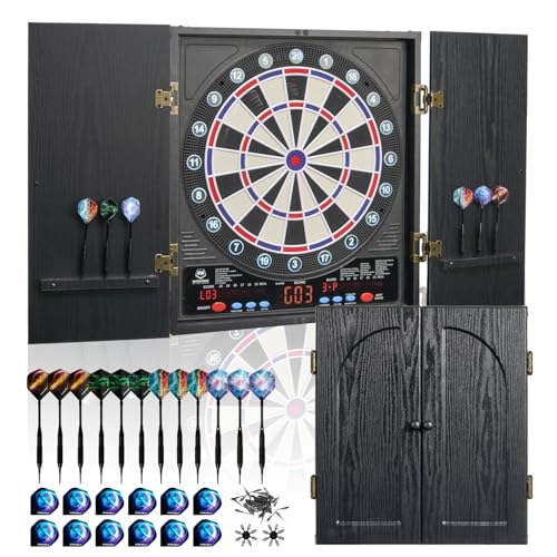 Electronic Dart Board, Soft Tip Dartboard Cabinet Set for Adults, LCD Scoring Dartboard with 34 Games & 355 Variants, Up to 8 Players,12 Darts+100 Tips, Wall Mount for Man Cave Bar Game Room - color: Black 01