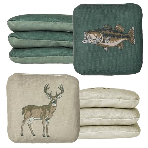 Play Platoon Pro Cornhole Bags Set of 8 - Professional Dual Sided Slick and Sticky Side Competition Corn Hole Bags - Tournament Series - color: Tan/Green Buck & Bass