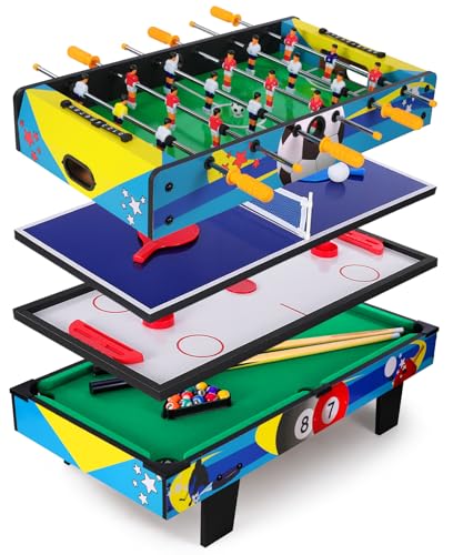 4-in-1 Multi Game Table – Air Hockey, Foosball, Pool & Table Tennis Combo Set, Stackable Design for Family Game Room