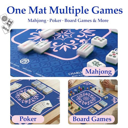 Blue Mahjong Mat for Table, American Mahjong Mat with Rules, 32.4x32.4 in 3MM Non-Slip Noise-Reducing Neoprene Table Cover with Carrying Bag for Mah Jongg, Poker, Card Games - color: Blue With Rules