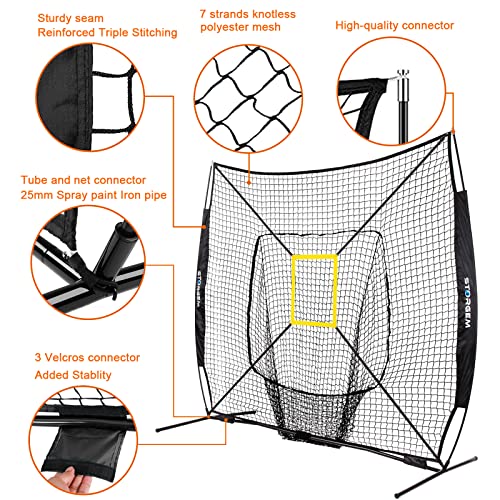 Storgem Baseball and Softball Practice Net 7×7ft Portable Hitting Pitching Batting Training Net Baseball Backstop Net with Batting Tee and Strike Zone and Bow Frame - color: Black