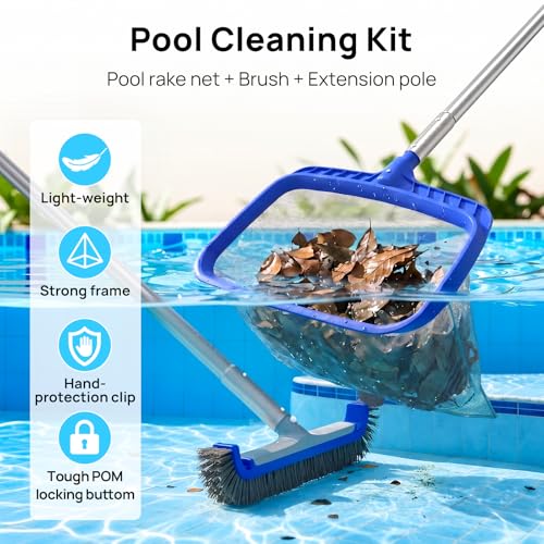 Consciot Pool Cleaning Kit, incl. Rake Net, Brush, Pole, Dispenser & Test Strip | Swimming pool maintenance set; Pool opening kit for medium aboveground & in-ground pool, SPA, pond, fountain; Easy to store - size: 5PCS