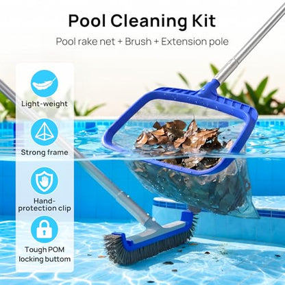 Consciot Pool Cleaning Kit, incl. Rake Net, Brush, Pole, Dispenser & Test Strip | Swimming pool maintenance set; Pool opening kit for medium aboveground & in-ground pool, SPA, pond, fountain; Easy to store - size: 5PCS
