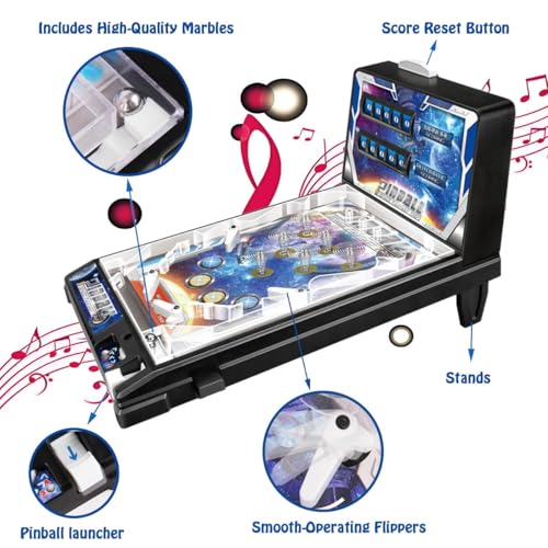Retro Arcade Pinball Machine - Portable Tabletop Game with Sounds, Lights and Auto Scoreboard, Fun for All Ages, Birthday Party Gift, Desk Toy