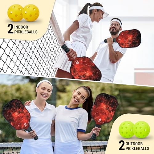 Dulce DOM Pickleball Paddles Set of 2/4 - USAPA Approved, 4 Indoor Outdoor Pickleball Balls, Fiberglass Surface Paddle Racket with Cover Bag, Ideal Training Equipment Gift for Men & Women - color: Red*2