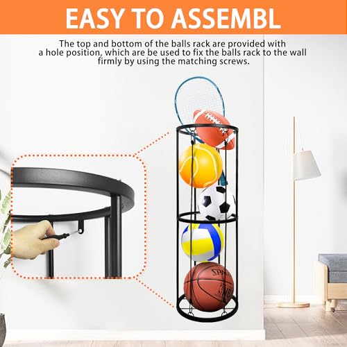 Garage Ball Storage Rack, Wall-Mounted Basketball Holder, Vertical Ball Rack for Soccer Volleyball Football Basketball, Space-Saving Sports Ball Storage Organizer for Garage & Home