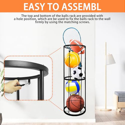 Garage Ball Storage Rack, Wall-Mounted Basketball Holder, Vertical Ball Rack for Soccer Volleyball Football Basketball, Space-Saving Sports Ball Storage Organizer for Garage & Home