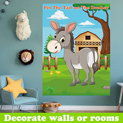 PLULON Pin The Tail on The Donkey Party Game for Kids, Donkey Themed Animal Birthday Party Games Donkey Poster with Tail Stickers for Kids Farm Animal Donkey Party Favors Home Wall Decorations - style: Donkey