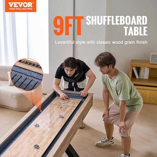VEVOR Shuffleboard Table, 9 ft Shuffleboard for Family Game Rooms, 2 in 1 Shuffleboard and Bowling Combo Game Set, with Scratch-Resistant Playfield, Legs, 8 Pucks, Bowling Set, Wax, and Table Brush - size: 9ft