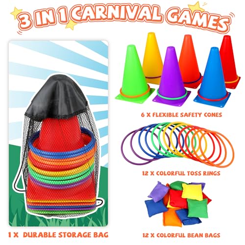 31 PCS Christmas Carnival Games, 3 in 1 Indoor Outdoor Bean Bag Ring Toss Games for Kids Birthday Party, Plastic Soft Cones Yard Lawn Game for Family Party Kid's Gift - size: 9"