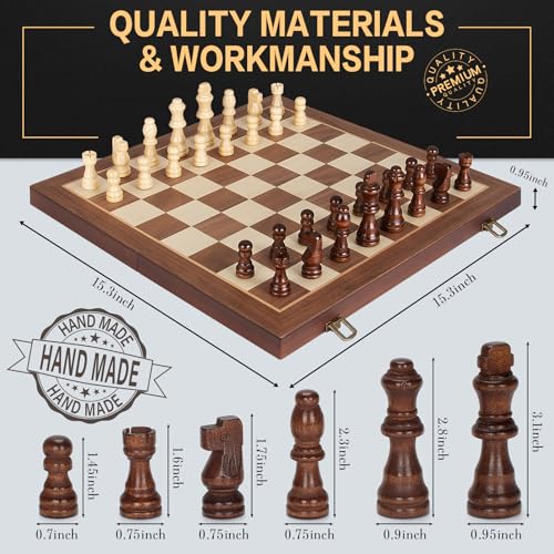 Magnetic Wooden Chess Set, 15" Folding Chess Board with 2 Extra Queens, Portable Travel Chess Set with Pieces Storage Slots, Beginner Chess Board Game for Adults & Kids