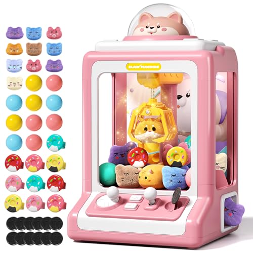 Claw Machine for Kids, Mini Vending Machine with Game Coins & Music, Prize Dispenser Toys for Girls and Boys, Electronic Claw Game Machine for Party Birthdays, Includes 35 Mini Toys (Doggy Pink) - style: Doggy Pink