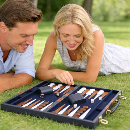 Backgammon Set - Classic Board Game with Premium PU Leather Case - Portable Travel Strategy Backgammon Game Set for Adults, Kids Family Game Night, Vacation & Gifts (18inch Large, Navy) - color: Navy, style: 18inch