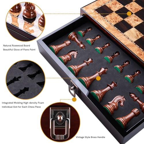 AMEROUS 17 inches Wooden Chess Set with High Polymer Weighted Chess Pieces / 2 Built-in Storage Drawers / 2 Extra Queens / 3.75'' King, Classic Board Game