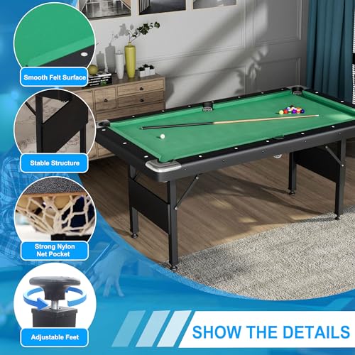 3 in 1 Billiard Table, 64" Folding Pool Table with Ping Pong Table and Dining Top, Multi Game Table Includes Billiard Accessories and Tennis Paddles for Family Game Room, Basements - color: Green