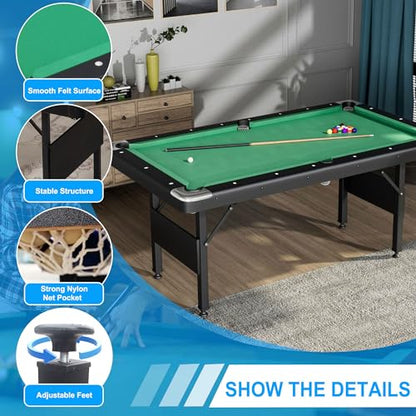 3 in 1 Billiard Table, 64" Folding Pool Table with Ping Pong Table and Dining Top, Multi Game Table Includes Billiard Accessories and Tennis Paddles for Family Game Room, Basements - color: Green