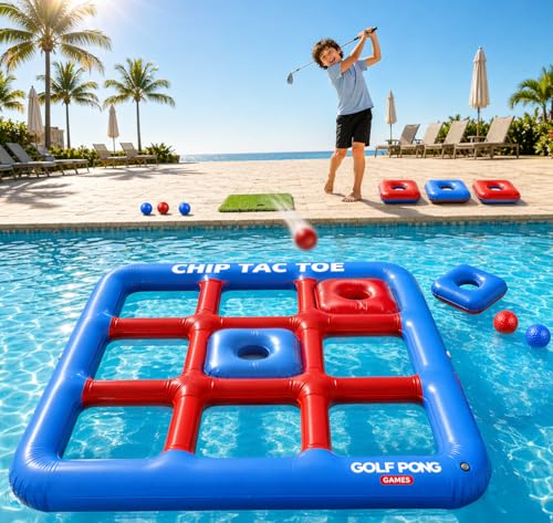 Golf Pong Chip Tac Toe Floating Pool Game - 4FT Inflatable Tic Tac Toe Pool Toy for Adults & Teens, Outdoor Games, Pool Party Games, Backyard Games & Yard Games (No Club Included)