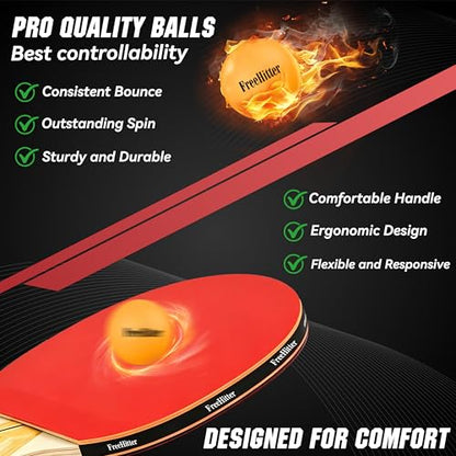Table Tennis Set, 4 Paddles, 8 Balls & Carry Bag | Poplar wood paddles with EVA sponge & rubber. ABS 3-star balls. Great for family, beginners, office.