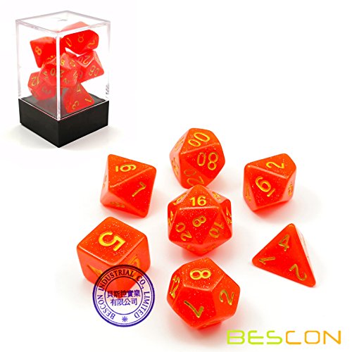 Bescon Intensive Glitter DND Dice 7pcs Set Royal RED, New Glitter RPG Dice Set d4 d6 d8 d10 d12 d20 d%, Brick Box Packaging - color: Royal Red Set