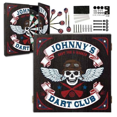 Personalized Dart Board Cabinet Set with 6 Steel Tip Darts, Paper Dartboard, Chalk & Eraser (21.5 x 21.5 x 2.75) - Man Cave Dart Boards for Adults - style: Dart Room Skull Biker