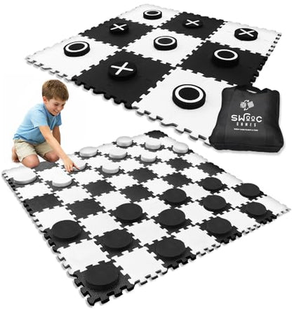Swooc Games® - 2-in-1 Premium Giant Checkers & Tic Tac Toe Game (4ft x 4ft) - 100% High Density EVA Foam Mat & Pieces - Extra Large Checkers Set with Jumbo Checkerboard and Yard Size Tic Tac Toss