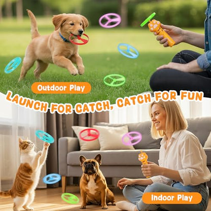 Cat Chase Fetch Toy - Rechargeable Disc Launcher with 6 Flying Spinners - Best Interactive Pet Hunting Toys for Indoor Outdoor Yard Cats Dog (Yellow) - color: Yellow