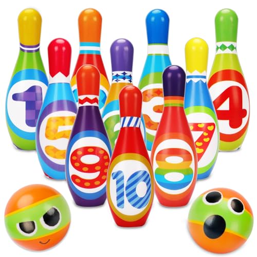 AugToy Kids Bowling Toy Set, Toddler Indoor Outdoor Activity Play Game Toys for Boy Girl, Soft 10 Foam Bowling Pins & 2 Balls, Educational Children Birthday Party Gifts