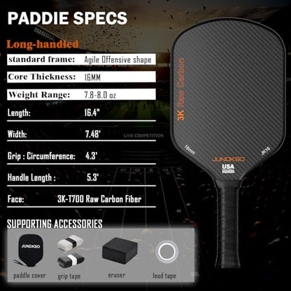 Carbon Fiber Pickleball Paddles USAPA Approved Raw Carbon Frosted - color: Black - Orange