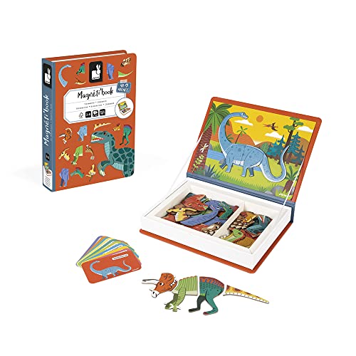 Janod - Magnetibook 51 pc Magnetic Dinosaur Mix and Match Game - Ages 3+ - Playing Dress-Up with Magnets - Enhances Fine Motor Skills - Includes Book Shaped Travel/Storage Case