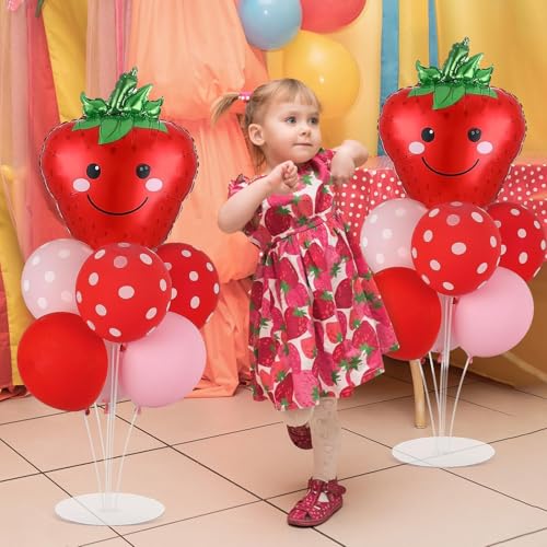 Strawberry Party Balloons Stand Kit 2 Sets with 2 Strawberries Foil Balloons Sweet Strawberry 1st Party Balloon Centerpieces for Tables for Girls Strawberries Birthday Themed Decorations - style: Strawberry