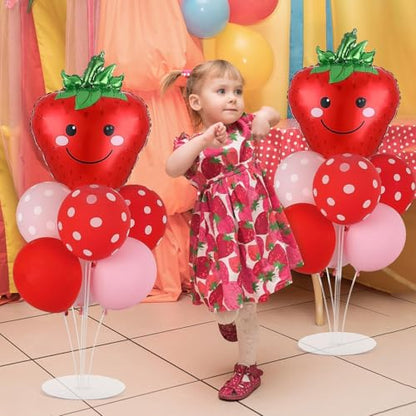 Strawberry Party Balloons Stand Kit 2 Sets with 2 Strawberries Foil Balloons Sweet Strawberry 1st Party Balloon Centerpieces for Tables for Girls Strawberries Birthday Themed Decorations - style: Strawberry