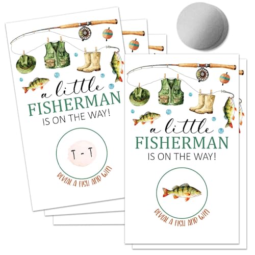 50 Pcs A Little Fisherman Is On The Way Birthday Scratch off Game Cards, Party Raffle Game Prizes for Fishing Baby Shower, Party Game Vouchers for Teens Adults Fishing Lover Family - color: White