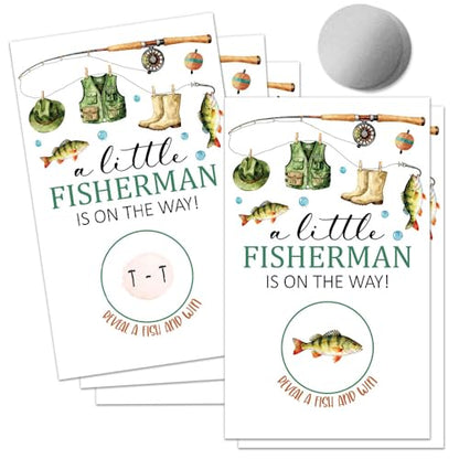 50 Pcs A Little Fisherman Is On The Way Birthday Scratch off Game Cards, Party Raffle Game Prizes for Fishing Baby Shower, Party Game Vouchers for Teens Adults Fishing Lover Family - color: White