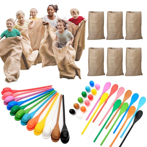 JOYIN 6 Pack Potato Sack and 24 PCS Easter Egg and Spoon Race Game Set, Multiple Players Carnival Game for Kids & Family Holiday Activity, Outdoor Picnic Party Yard Easter Games