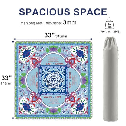 Mahjong Mat for Table with Rules 33×33", 3mm Thick, Boho Floral Design | Non-Slip, Waterproof, Noise-Reducing Table Cover for American Mahjong, Poker, Board Games , Dominoes, and Card Games - color: Blue-2