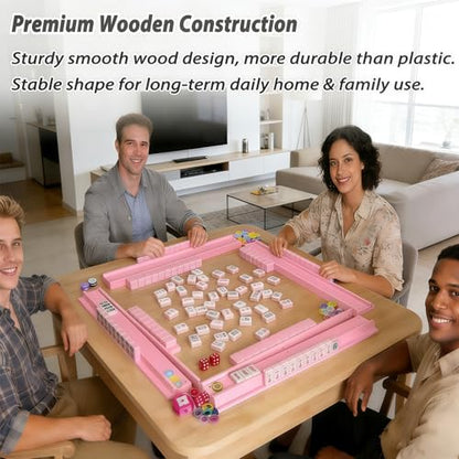 4 PCS Mahjong Racks with Pushers, Pink Wooden Mahjong Racks with Detachable Magnetic Pushers, Mahjong Tile Pushers and Racks, Includes Chips, Dice & Storage Bags, Mahjong Accessories (19.68 Inch) - color: Pink