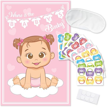 Party Hearty Pin the Pacifier on the Baby, Baby Shower Game - Pink Girl | 1 Large Poster, 56 Colorful Binky Stickers, 1 Blindfold & Double-Sided Tape - color: Girl Pink - Pin the Binky