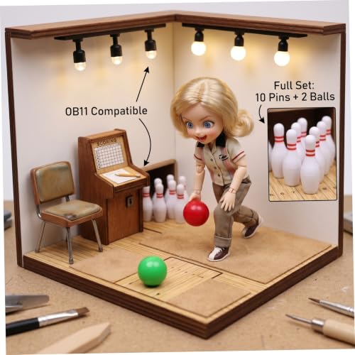 Mini Bowling Set, 10 Mini Bowling Pins & 2 Balls Plastic Dollhouse Accessories for DIY Scene Landscape Set