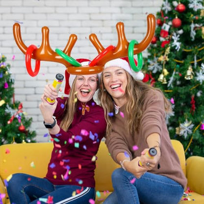 4 Pack Inflatable Reindeer Antler Ring Toss Game (4 Antlers 16 Rings 1 Pump) Reindeer Antler Hat Ring Toss for Xmas Party Great Christmas Games for Families