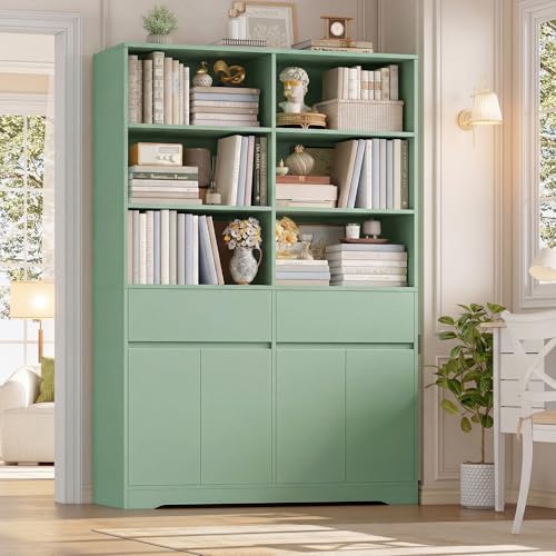 FOTOSOK 69" H × 47.2" W Tall Bookshelf with Doors, 6-Tier Double Wide Bookshelves and Bookcases with Storage, Tall Bookshelf Large Open Book Shelf Storage Cabinets for Home Office - color: Green