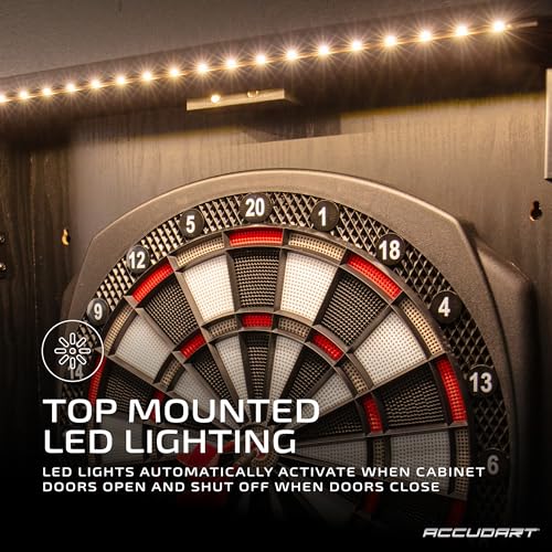 Accudart NOVA Electronic Dartboard with Cabinet – 35 Games, 580 Variations, Dual LED Scoring, Auto LED Cabinet Lighting, Virtual Opponent, AC/Battery Power – Includes Soft Tip Darts