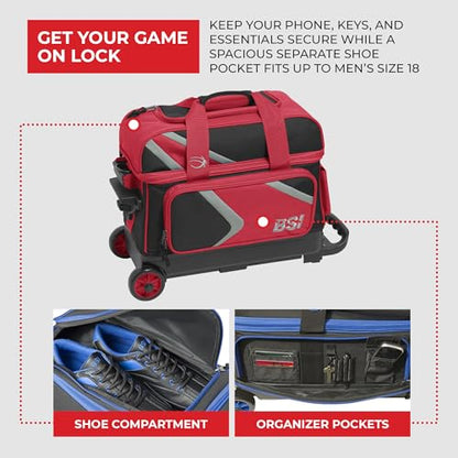BSI Dash Roller Bowling Bag with Smooth Rolling Wheels, Padded Ball Compartment, Retractable Locking Handle, & Shoe Pocket - color: Black/Red/Gray, style: Double