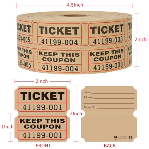 L LIKED Raffle Tickets Double Rolls 1000 Per Roll 50/50 Raffle Tickets for Events,Carnivals, Entry, Class Reward, Prizes(Kraft) - color: 1000 Kraft