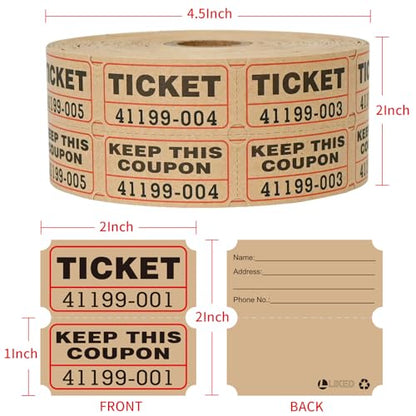 L LIKED Raffle Tickets Double Rolls 1000 Per Roll 50/50 Raffle Tickets for Events,Carnivals, Entry, Class Reward, Prizes(Kraft) - color: 1000 Kraft